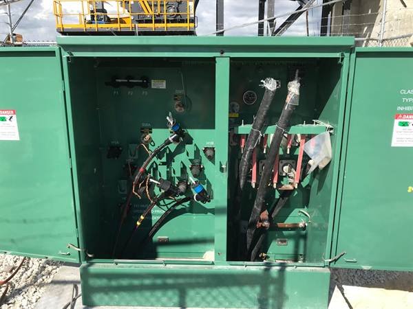Open pad-mounted transformer cabinet at Hodges Aggregate Crusher Plant
